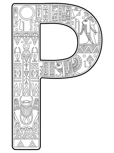 Letter P decorated with Egyptian hieroglyphics, scarab beetles, and ornate ancient motifs