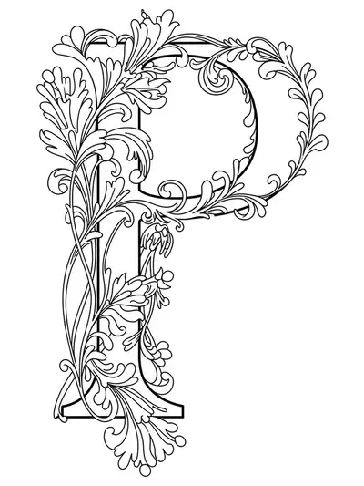 Art Nouveau styled botanical swirls and flowers winding around the letter P, very detailed