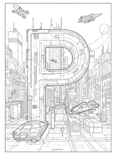 Black and white line art of the letter P surrounded by a cyberpunk city with futuristic buildings and vehicles, medium complexity.