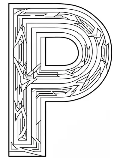 Letter P surrounded by optical illusion patterns, geometric shapes, and twisting lines
