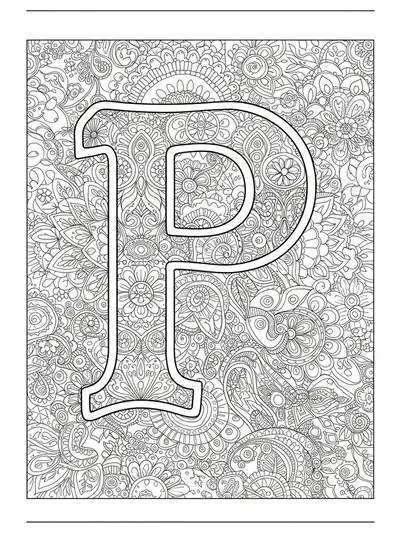 Intricate mandala paisley patterns forming and surrounding the letter P, black and white