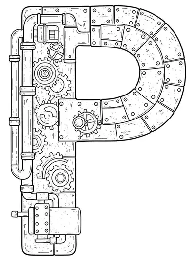 Letter P constructed from and surrounded by interlocking gears, cogs, and mechanical components in complex steampunk style