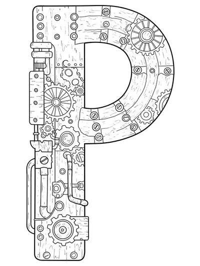 Steampunk-themed Letter P with gears and mechanical elements for coloring.