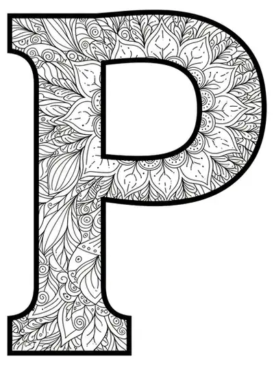 Simple letter P surrounded by large flower petal mandala shapes, easy outlines for adult coloring.