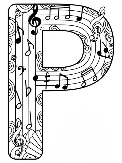 Letter P with simple outlines of music notes and clefs, large spaces for easy adult coloring.