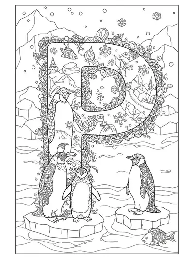 Hard letter P coloring page with penguins, icebergs, snowflakes, and arctic scenery.