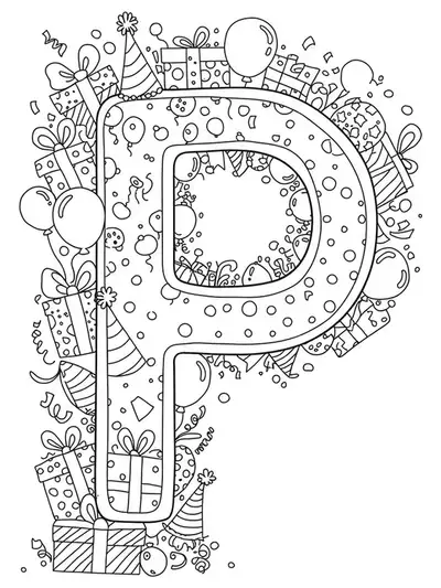 Letter P with birthday presents, balloons, hats, bows, and confetti in detailed patterns.