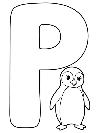 Large letter P with a cartoon penguin standing next to it, simple and friendly design.