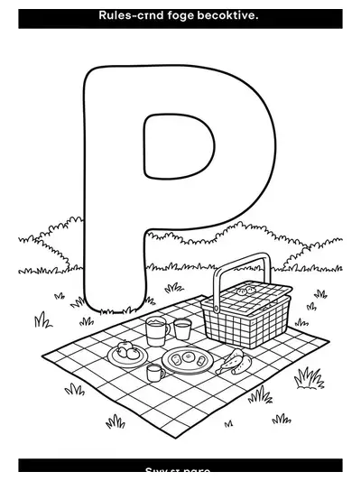 A big letter P next to a picnic blanket with a basket, sandwiches, and fruit, all in simple outlines.