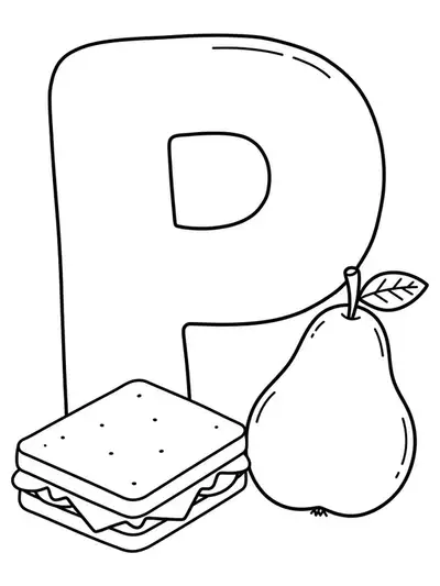Large letter P with simple picnic foods like a sandwich and pear around it, thick outlines.