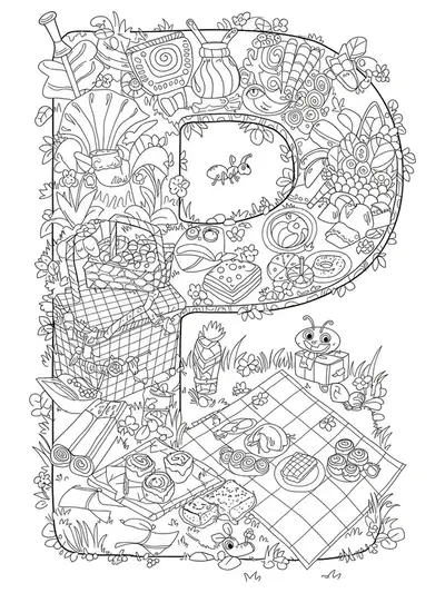 Letter P surrounded by picnic baskets, food, ants, and grass with complex details.