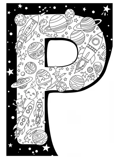 Letter P surrounded by planets, stars, aliens, and rockets in detailed space patterns.