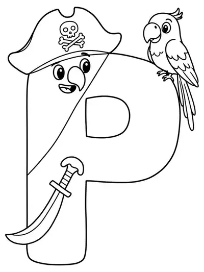 Large letter P with a pirate hat and a simple parrot on top, thick lines, playful design.
