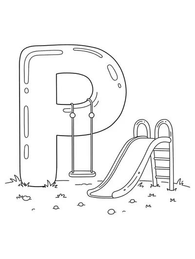 Big letter P with a swing and a slide, simple playground shapes, clear lines.