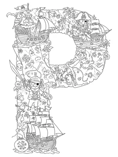 Letter P with pirate ships, treasure maps, parrots, and pirate friends in intricate patterns.