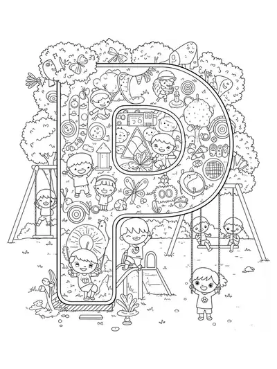 Letter P with playground equipment and children playing in intricate patterns.