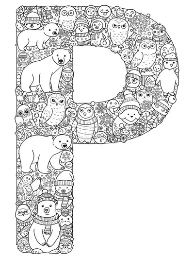 Letter P with polar bears, penguins, owls, and snowflakes in complex winter patterns.