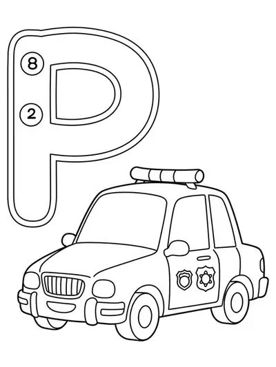 Large letter P with a cartoon police car beside it, simple shapes and lines.