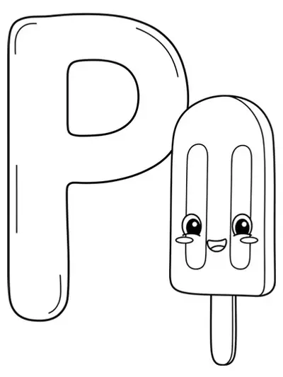 Large letter P with a basic popsicle on a stick, bold and simple lines.