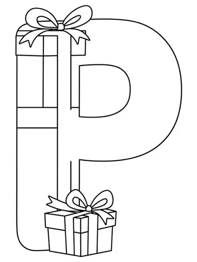 Large letter P with a couple of simple gift boxes and bows, festive and easy to color.