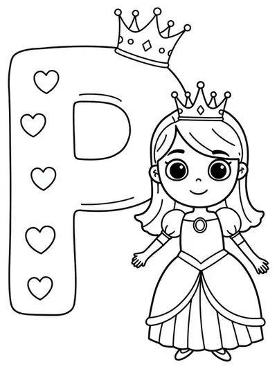 Large letter P with a crown and a friendly princess in a dress, easy outlines.
