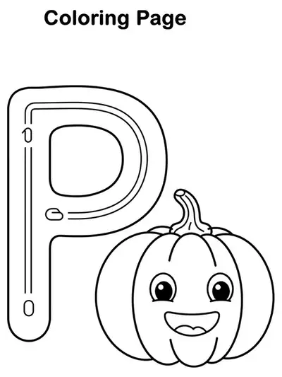 Big letter P with a smiling pumpkin next to it, simple shapes, thick lines.
