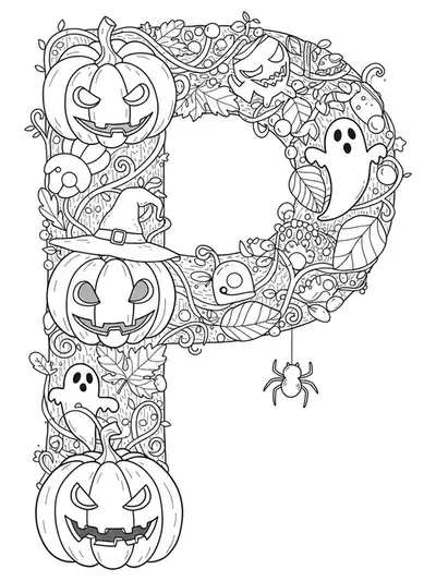 Letter P with pumpkins, ghosts, bats, and patterned leaves for Halloween fun.