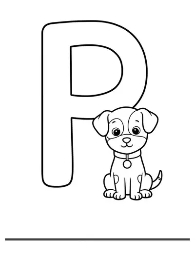 Large letter P with a friendly cartoon puppy sitting next to it, easy outlines.