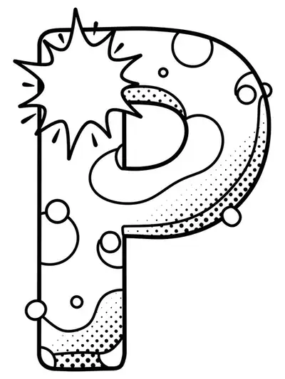 Letter P with large pop art bursts, big dots, and easy, playful shapes, designed for adult coloring.