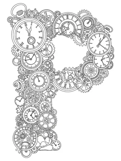 Letter P surrounded by vintage pocket watches, clockwork, and gears, very detailed line art