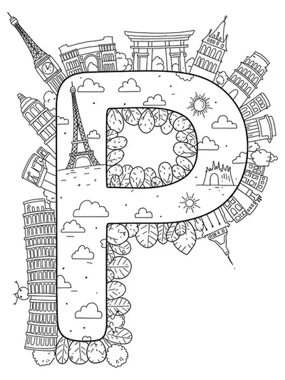 Large letter P with easy outline drawings of famous landmarks, such as the Eiffel Tower and pyramids, for adult coloring.