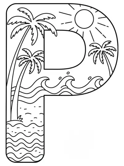 Letter P surrounded by simple outlines of palm trees, waves, and sun, easy for adults to color.