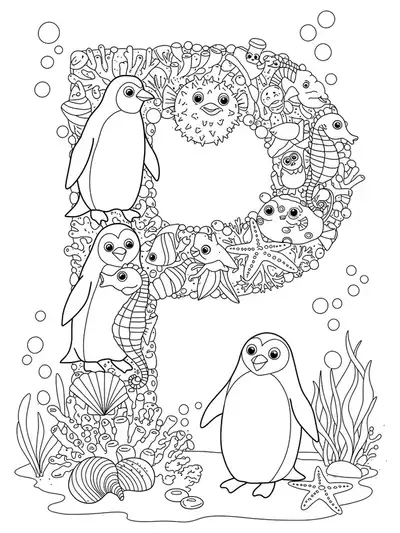Letter P surrounded by detailed sea animals and ocean patterns for preschool coloring.