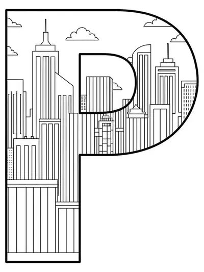 Letter P with simple skyscraper and city skyline outlines, suitable for easy adult coloring.