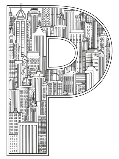 Letter P combined with urban buildings and cityscape outlines for coloring.