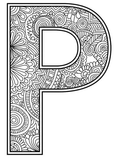 Letter P outlined with abstract geometric shapes and patterns for coloring.