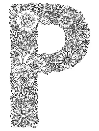Zentangle floral patterns and leaves intertwining and surrounding the letter P, highly detailed