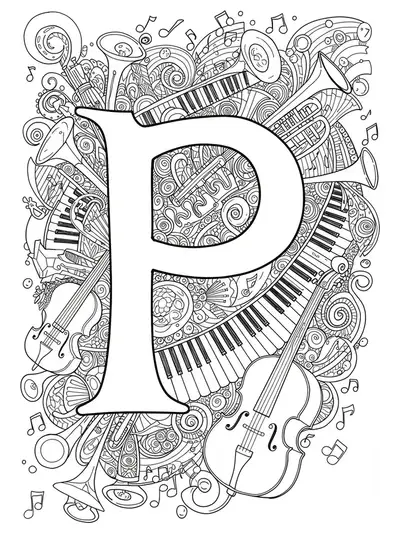 Letter P surrounded by intricately detailed musical instruments and swirling notes