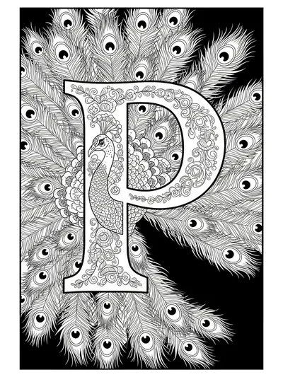 Letter P detailed with overlapping, ornate peacock feathers, highly intricate