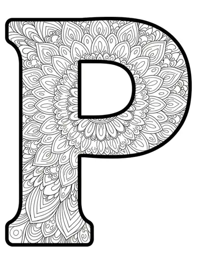 Letter P filled with mandala patterns for coloring, medium complexity.