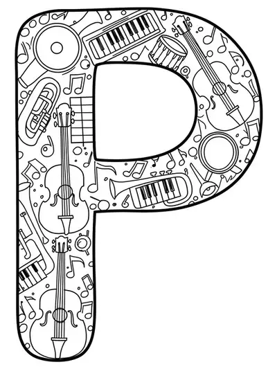 Letter P decorated with musical instruments and notes for coloring.