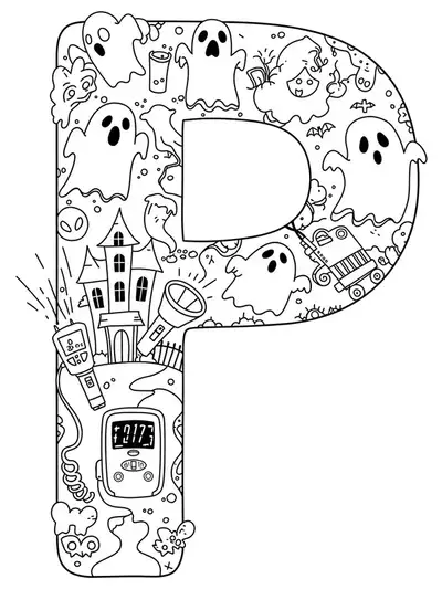 Letter P surrounded by ghost illustrations, haunted house, and ghost-hunting equipment, medium detail.