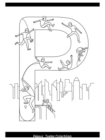 Letter P with parkour athletes running and jumping through urban city rooftops and walls, moderately detailed.