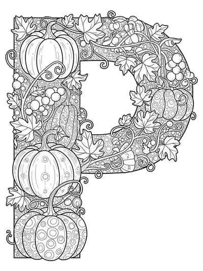Printable hard coloring page of letter P with detailed pumpkins, leaves, and vines in an autumn setting.
