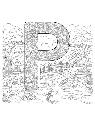 Letter P set in a Japanese garden with koi pond, lanterns, bonsai trees, and bridges, medium complexity.
