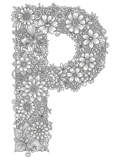 Botanical letter P coloring page with detailed exotic plants, flowers, and vines.