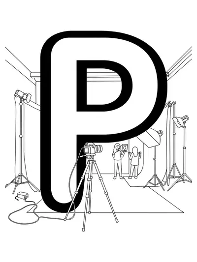 Letter P surrounded by cameras, tripods, lights, and studio backdrops, photo shoot scene, medium detail.