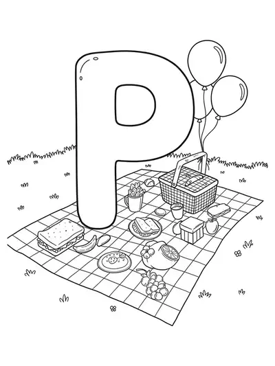 Line art of the letter P on a picnic blanket, with baskets, sandwiches, fruit, and balloons.
