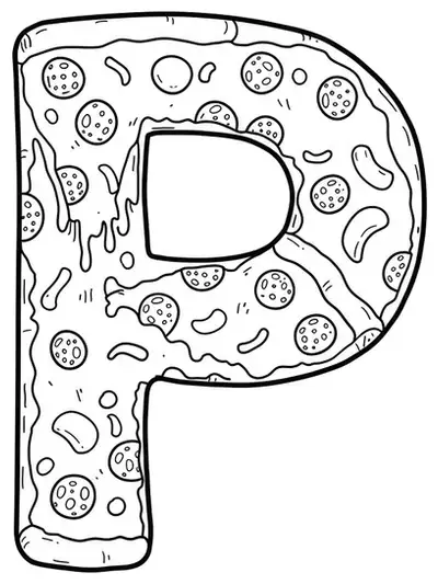 A large letter P with several cartoon pizza slices around it, all simply outlined.