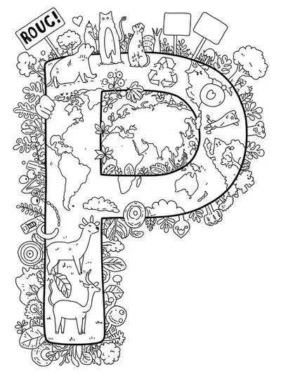 Letter P with planet Earth, recycling icons, protest signs, and nature elements like trees and animals, medium detail.